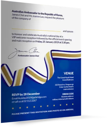 Printed invitation for the 2019 Australia Day in South Korea 