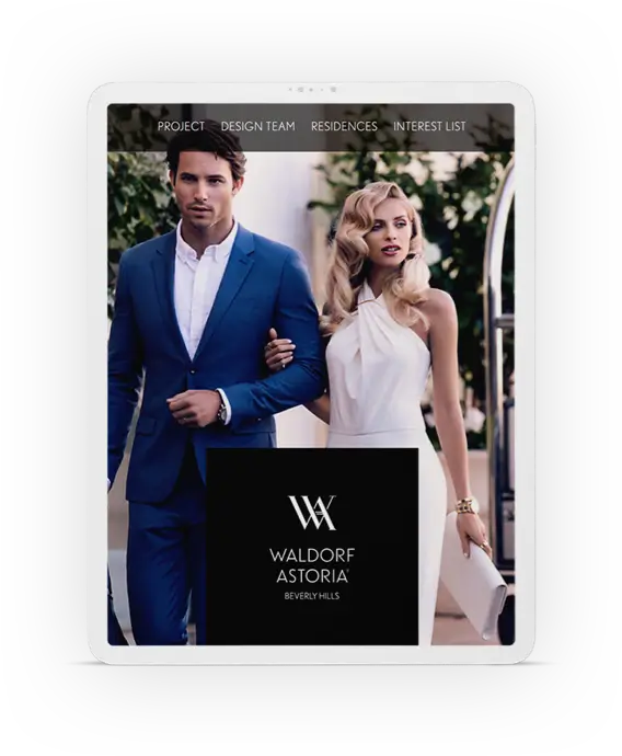 Tablet displaying the website for a Waldorf Astoria Beverly Hills project
