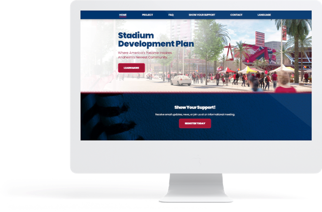 Desktop computer displaying the website of Stadium Development Plan map and legend 