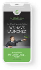 Visual display of The Garvey Group launch website on a mobile phone