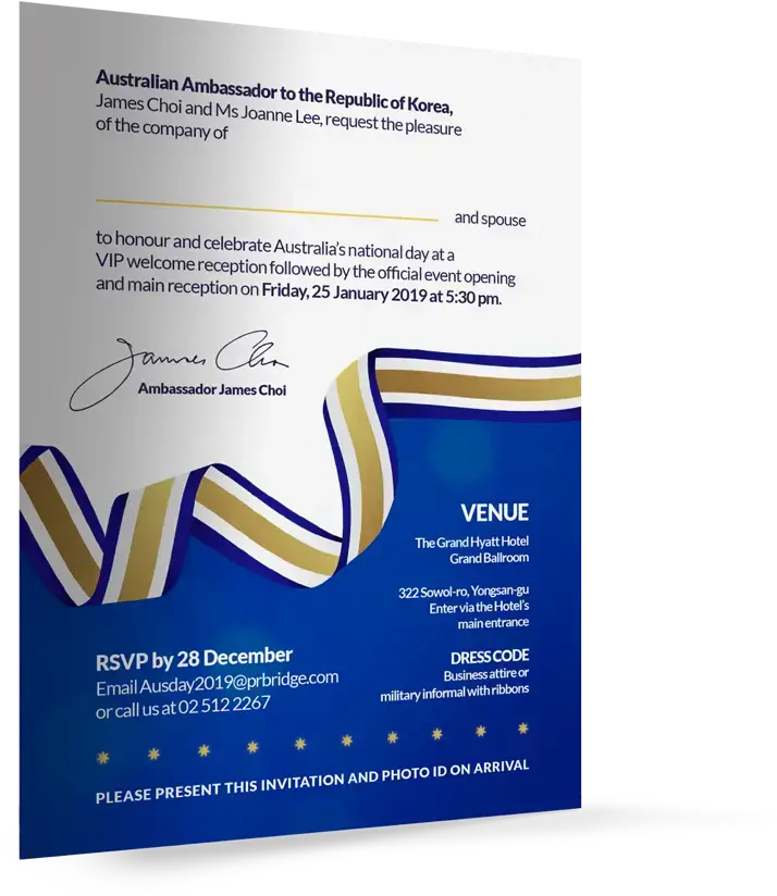 Printed invitation for the 2019 Australia Day in South Korea - back