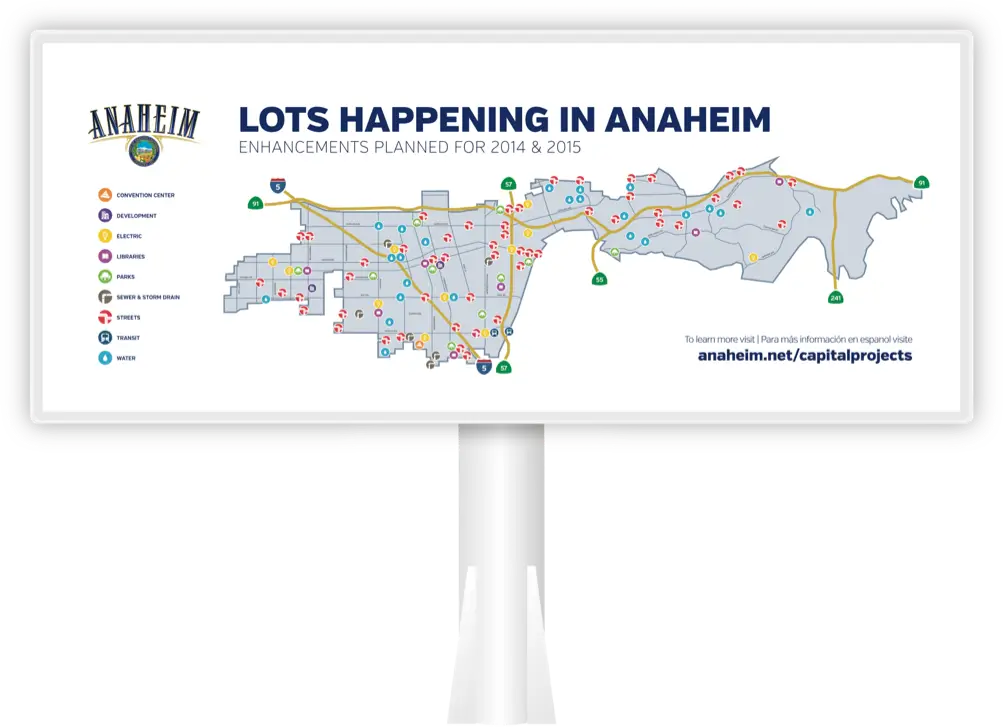 Printed billboard displaying a map of enhancements around the City of Anaheim
