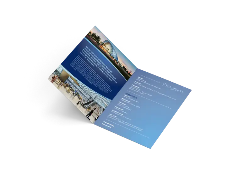 Interior of printed brochure for groundbreaking ceremony for Anaheim Rapid Connection 