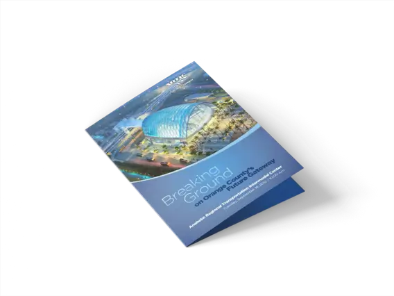 Exterior of printed brochure for groundbreaking ceremony for Anaheim Rapid Connection 