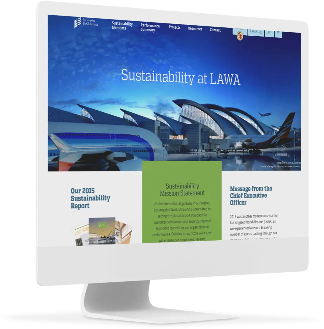 Desktop displaying a website for the 2015 Sustainability Report at the Los Angeles World Airports (LAWA)