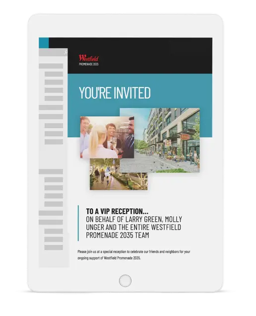 Tablet displaying community email for Westfield Promenade 2035