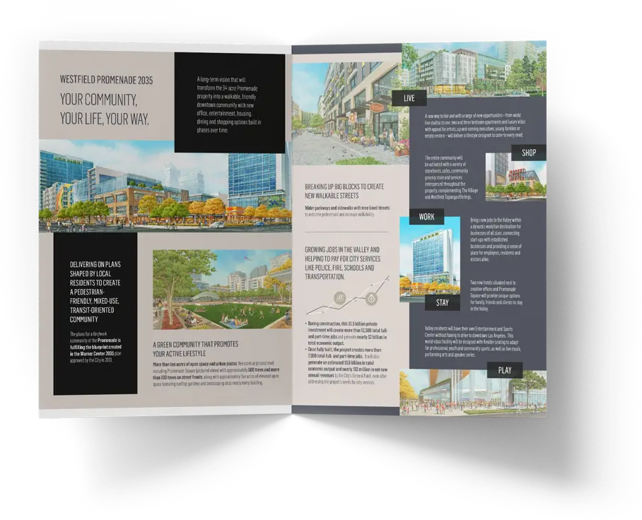 Interior of printed mailer brochure for Westfield Promenade 2035 