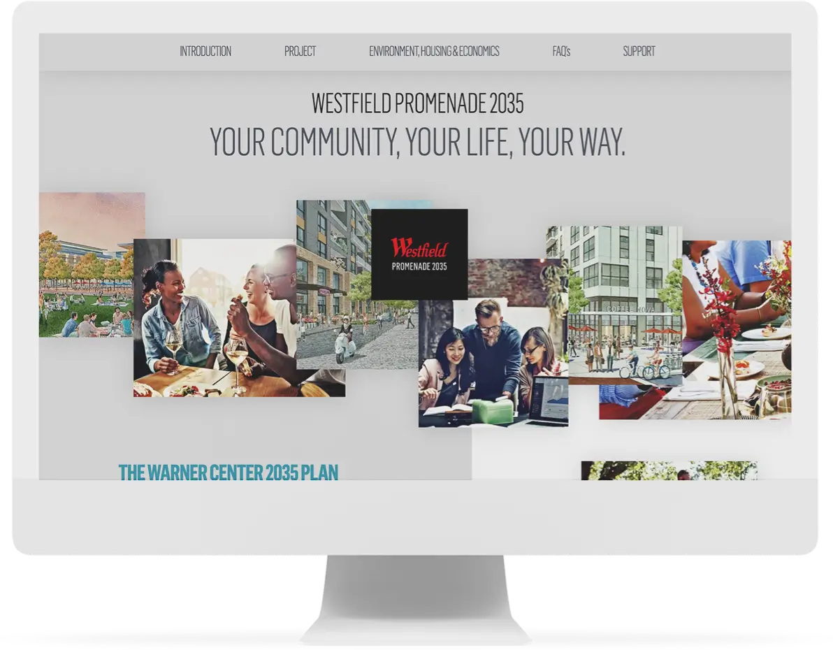 Desktop computer displaying landing page for Westfield Promenade 2035