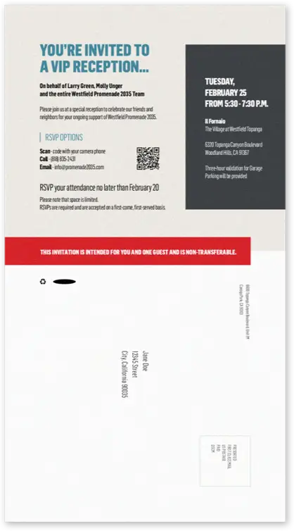 Back of Printed invitation to community hearing for Westfield Promenade 2035