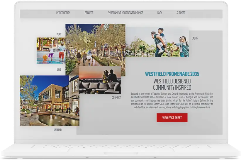 Laptop displaying website for Westfield Promenade 2035