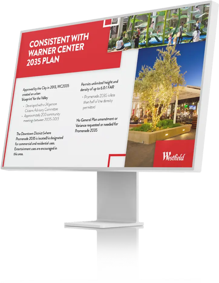 Desktop computer displaying a powerpoint presentation for Westfield Promenade 2035