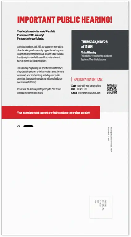 Back of the Printed 'Save the date' postcard for Westfield Promenade 2035