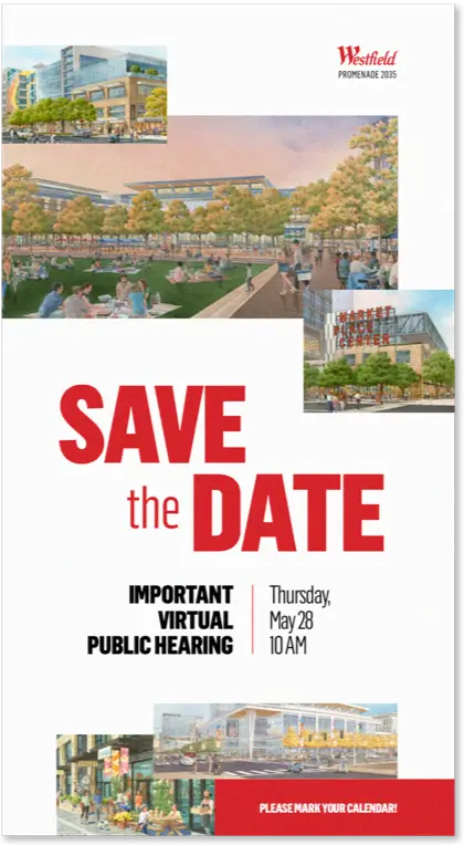 Front of the Printed 'Save the date' postcard for Westfield Promenade 2035