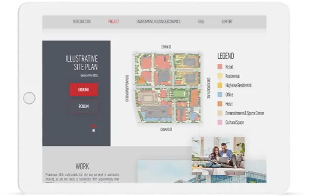 Tablet computer displaying project webpage for Westfield Promenade 2035