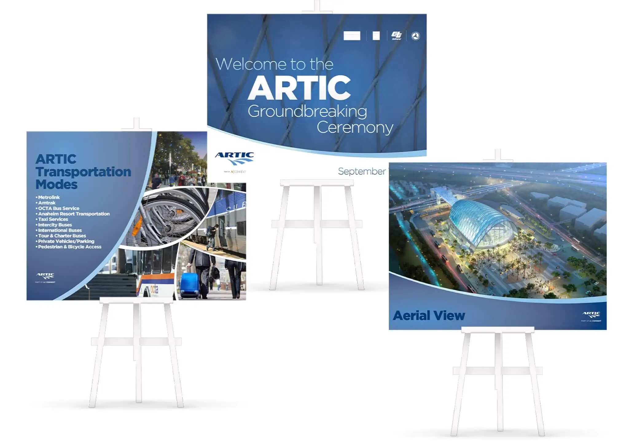 Three printed display signs for Anaheim Regional Transportation Intermodal Center