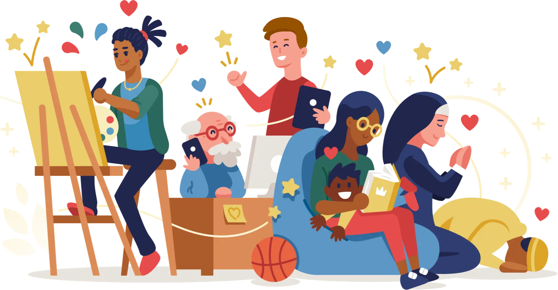 Illustration for MLIFE showing a person painting, people using technology, a parent reading to a child and people praying 