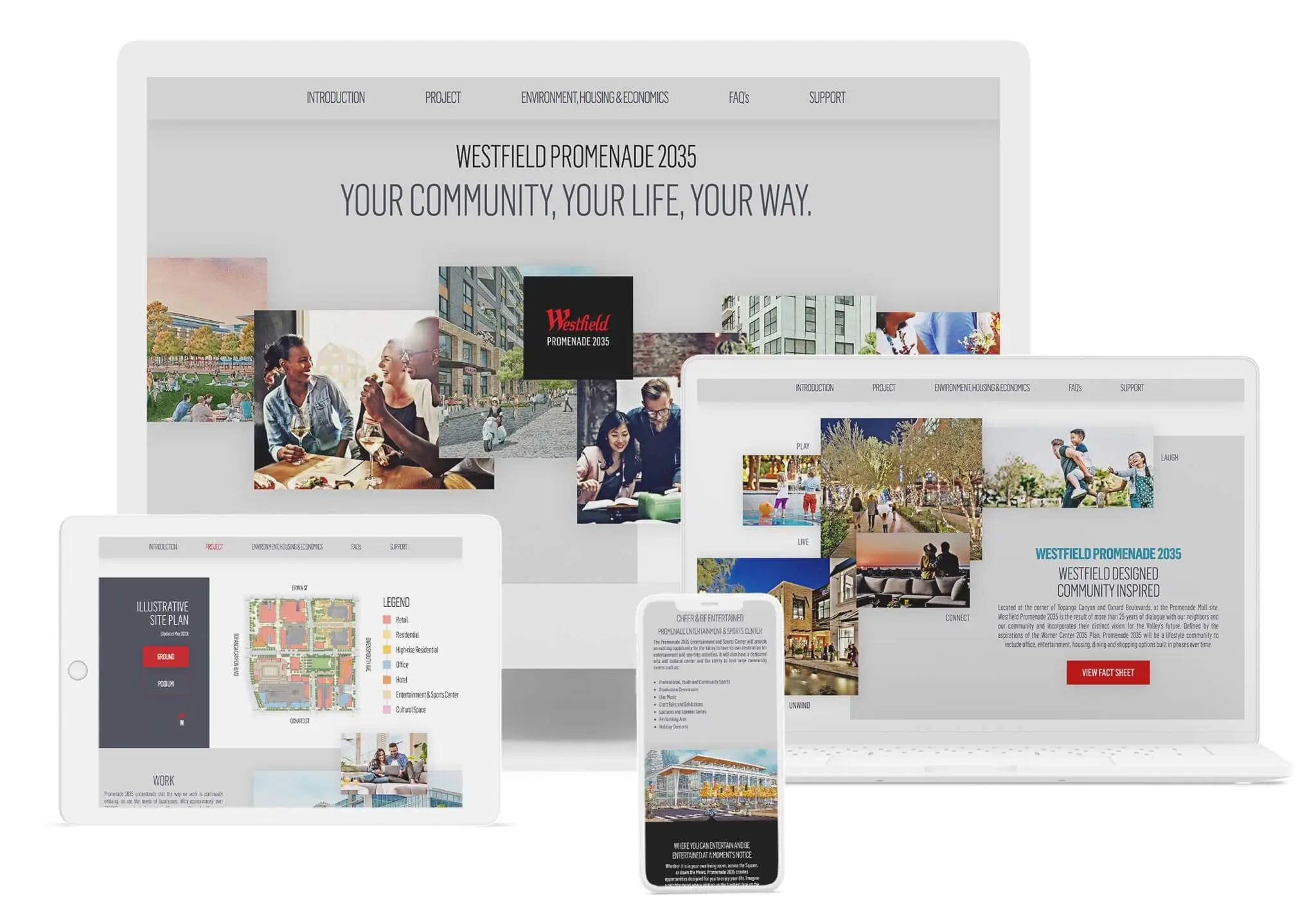 Iphone, Desktop, Tablet, Laptop computers displaying webpage for Westfield Promenade 2035